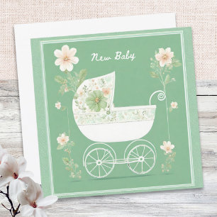 Elegante Mint Green Hübsch Pram Blume New Baby Karte