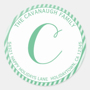 Elegante Mint Silver Stripe Monogramm-Adresse Runder Aufkleber