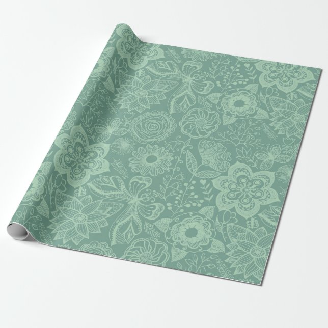 Elegante, mintgrüne Töne Retro-Blumenspitze Geschenkpapier (Ungerollt)
