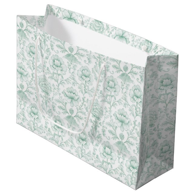 Elegante mintweiße Blumenhochzeit Große Geschenktüte (Vorderseite Schrägansicht)