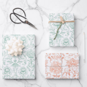 Elegante Minz-Weiß-Pfirsich-Blumenhochzeit Geschenkpapier Set