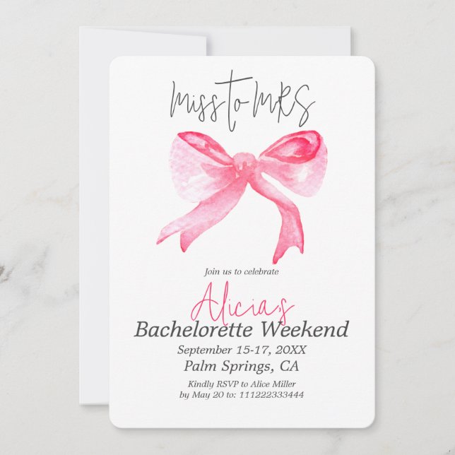Elegante Miss an MRS. Pink Bow Junggeselinnen-Absc Einladung (Vorderseite)