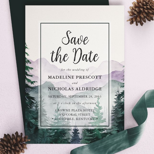 Elegante Misty Mountain Forest Save the Date Karte (Von Creator hochgeladen)