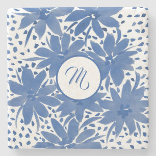 Elegante Mit Monogramm Blaue Flora Steinuntersetzer