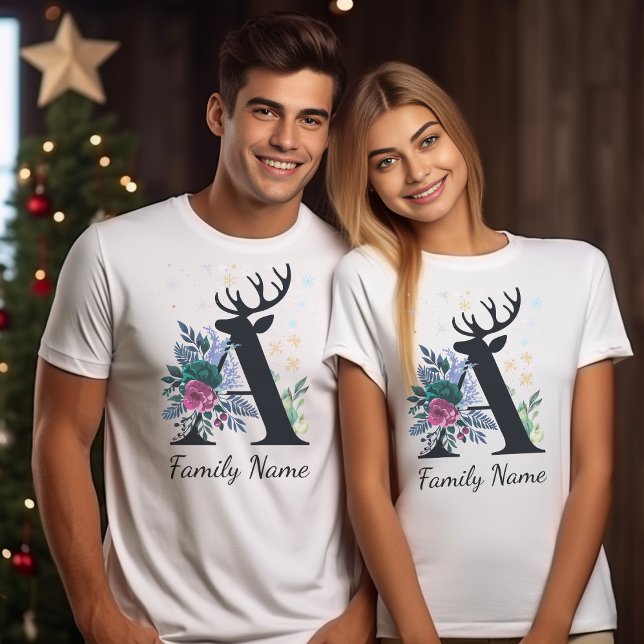 Elegante Mit Monogramm Blumenfamilien Weihnachten T-Shirt (Von Creator hochgeladen)