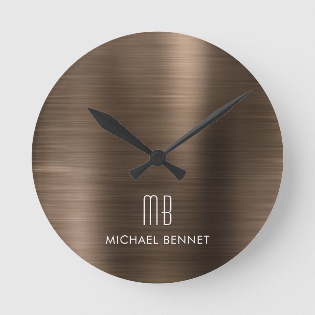 Elegante Mit Monogramm Bronze-Brushed Metallic Runde Wanduhr (Vorderseite)