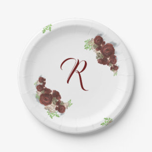 Elegante Mit Monogramm Burgundy Rose Papierplatte Pappteller