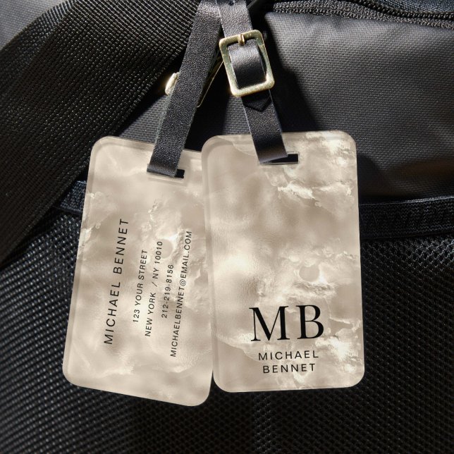 Elegante Mit Monogramm Elfenbeinküste Pearl Textur Gepäckanhänger (Elegant Monogrammed Ivory Beige Pearl Texture Luggage Tag)