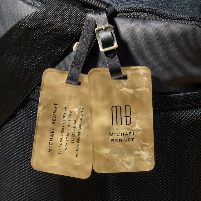 Elegante Mit Monogramm Goldfarben-Textur Gepäckanhänger (Elegant Monogrammed Gold Liquid Ink Texture Luggage Tag)