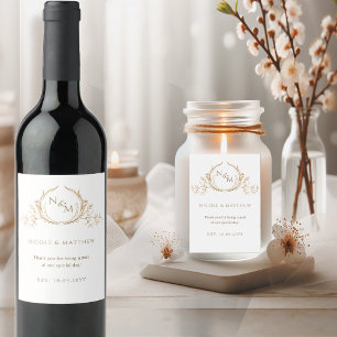 Elegante Mit Monogramm Hochzeit in Weiß und Gold Weinetikett