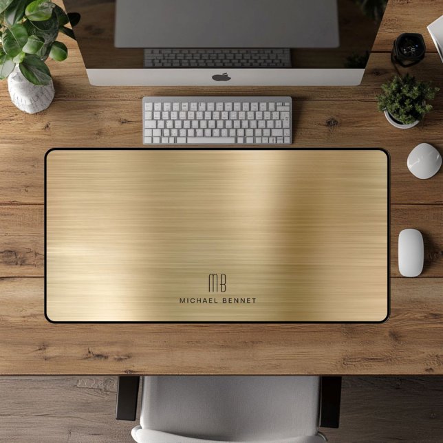 Elegante Mit Monogramm Imitate Gold Brushed Metall Schreibtischunterlage (Elegant Monogrammed Faux Gold Brushed Metallic Desk Mat)