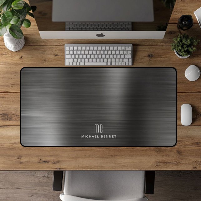 Elegante Mit Monogramm Imitate Schwarz gebürstete  Schreibtischunterlage (Elegant Monogrammed Faux Black Brushed Metallic Desk Mat)