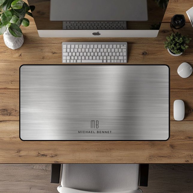 Elegante Mit Monogramm Imitate Silver Brushed Meta Schreibtischunterlage (Elegant Monogrammed Faux Silver Brushed Metallic Desk Mat)
