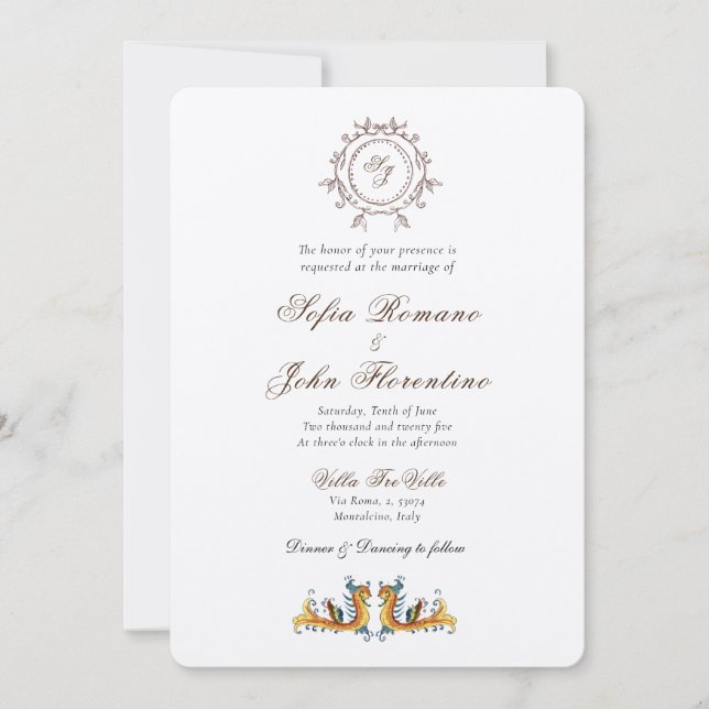 Elegante Mit Monogramm italienische Hochzeit Einla Einladung (Vorderseite)