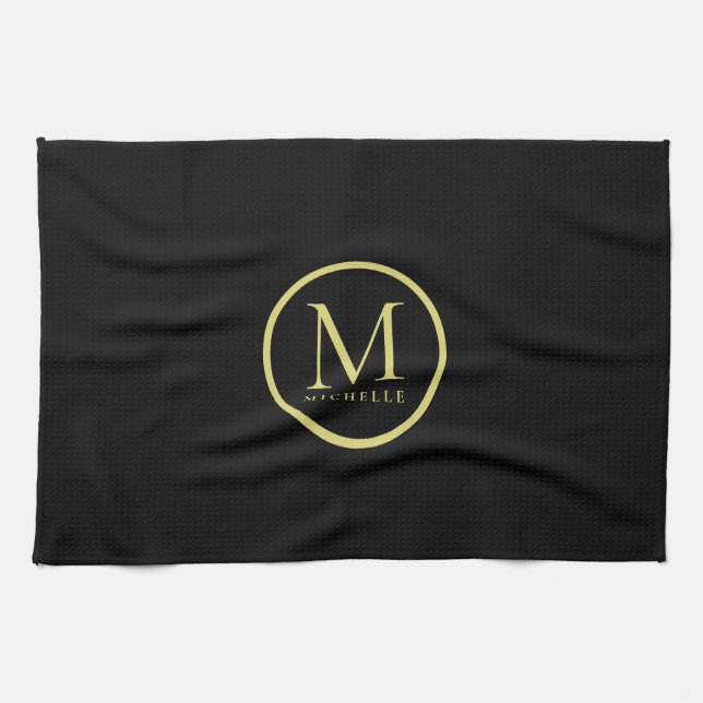 Elegante Mit Monogramm Namensvorlage schwarz und g Geschirrtuch (Horizontal)