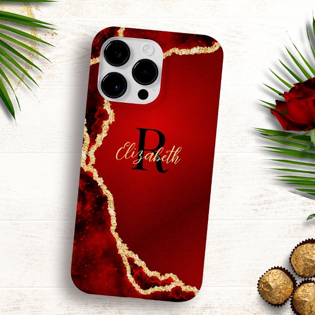 Elegante Mit Monogramm Red Black Gold Agate Girly Case-Mate iPhone Hülle (Von Creator hochgeladen)