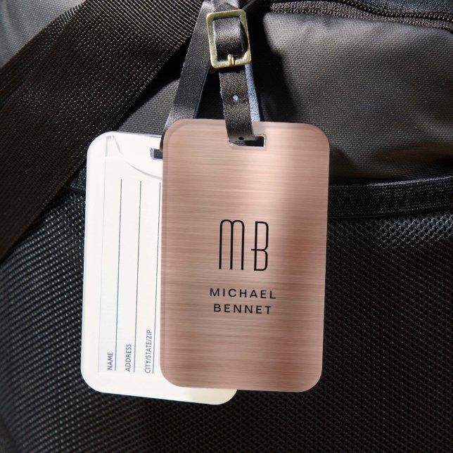Elegante Mit Monogramm Rose Gold gegossen Metallic Gepäckanhänger (Elegant Monogrammed Rose Gold Brushed Metallic Luggage Tag)