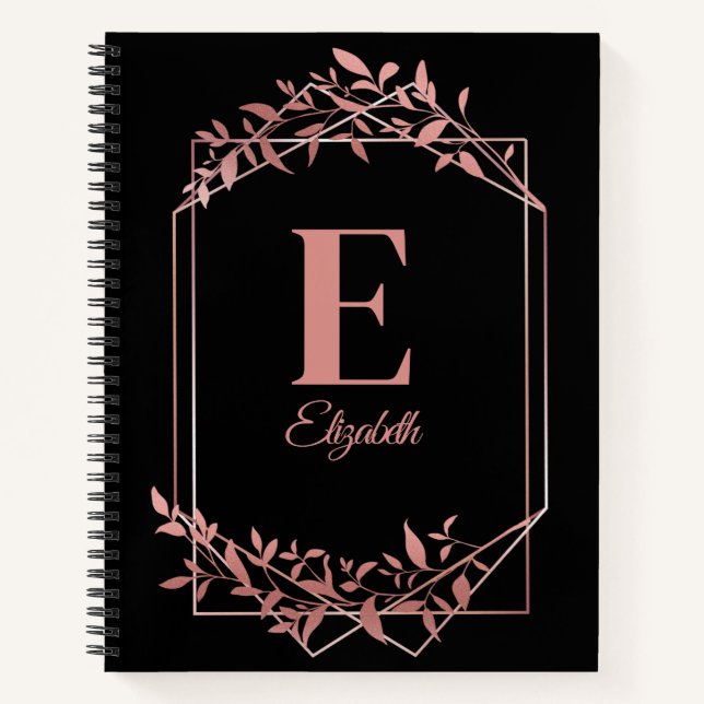 Elegante mit Monogramm Rose Goldrahmen Blätter sch Notizbuch (Vorderseite)