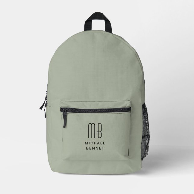 Elegante Mit Monogramm Sage Green Bedruckter Rucksack (Vorderseite)