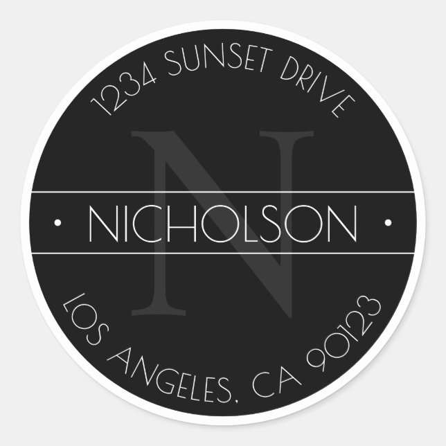 Elegante Mit Monogramm Schwarz-Weiß-Rücksendeadres Runder Aufkleber (Vorderseite)