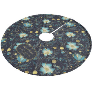 Elegante Mitternacht Blue & Gold Floral Personalis Fleece Weihnachtsbaumdecke