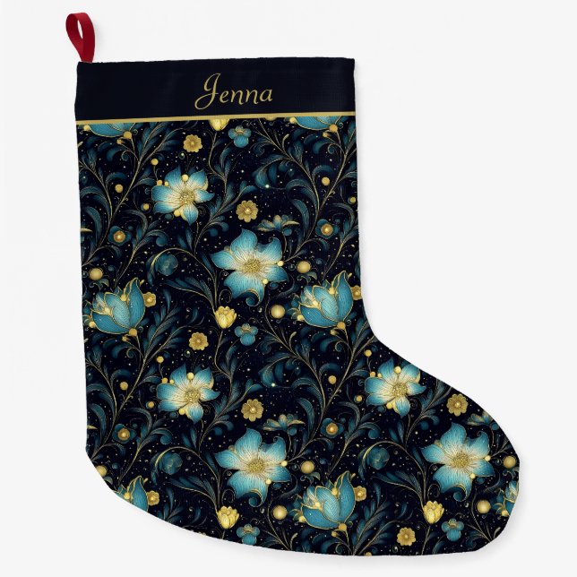Elegante Mitternacht Blue & Gold Floral Personalis Großer Weihnachtsstrumpf (Vorderseite)