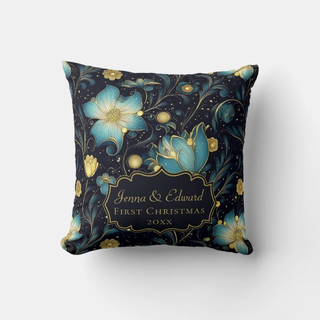 Elegante Mitternacht Blue & Gold Floral Personalis Kissen (Vorderseite)