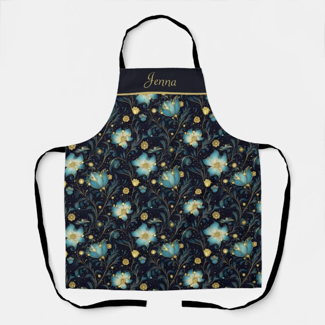 Elegante Mitternacht Blue & Gold Floral Personalis Schürze (Vorderseite)