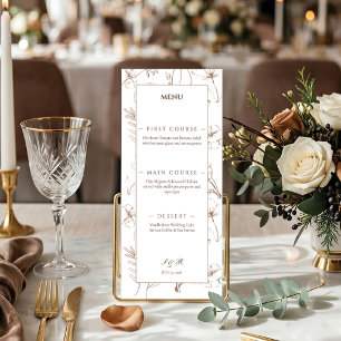 Elegante Mocha Blumen Linien Kunst Hochzeit Menükarte