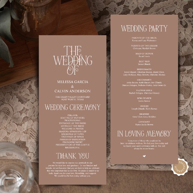 Elegante Mocha-Mousse-Typografie Hochzeitsprogramm Programm (Elegant Mocha Mousse Typography Modern Romantic Wedding Program Card)