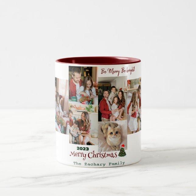 Elegante Modern Christmas Family Foto Collage Zweifarbige Tasse (Mittel)