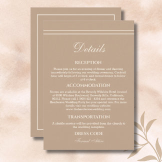 Elegante Modern Cream Taupe Hochzeiten Details Begleitkarte