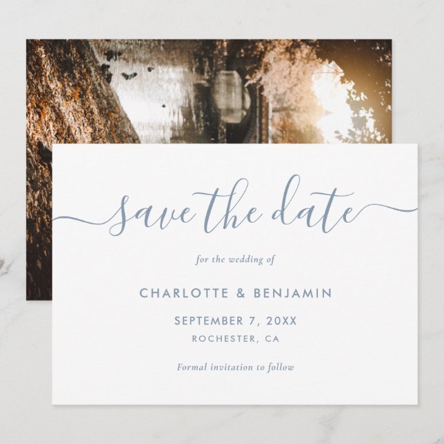 Elegante Modern Dusty Blue Foto Save the Date Card Ankündigung (Vorne/Hinten)