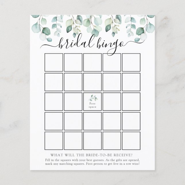 Elegante Modern Eucalyptus Bridal Bingo Game Card (Vorderseite)