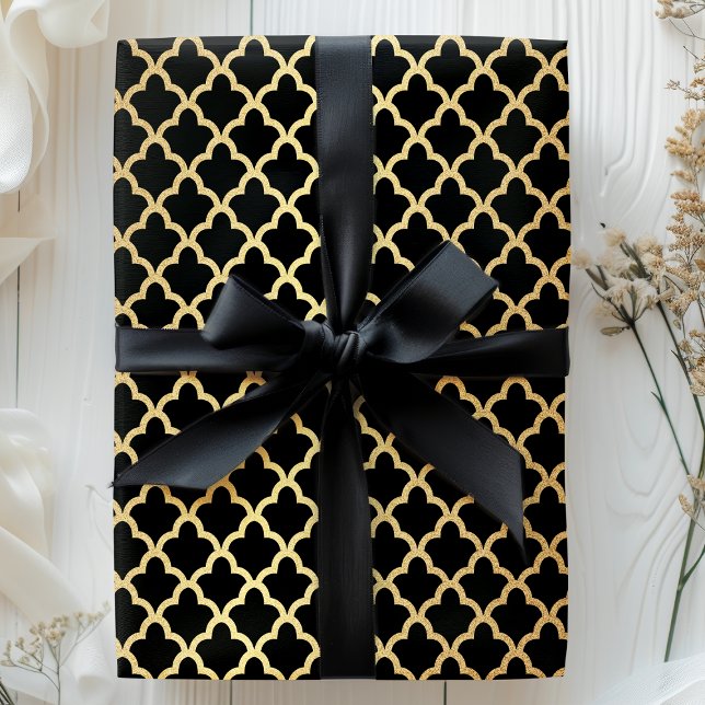 Elegante Modern Golden Foil Marokko Trellis Black Geschenkpapier (Von Creator hochgeladen)