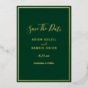 Elegante Modern Green Gold Foil Save the Date Kart Folieneinladung