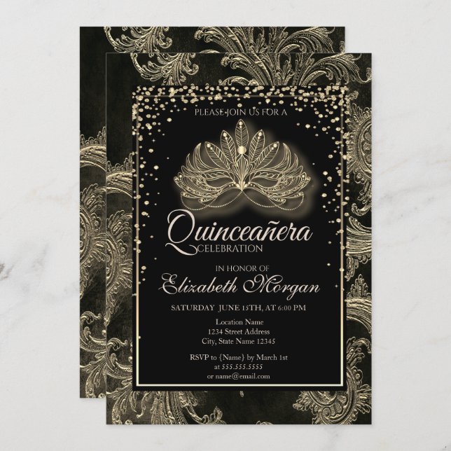Elegante Modern Masque Floral Damask Quinceanera Einladung (Vorne/Hinten)