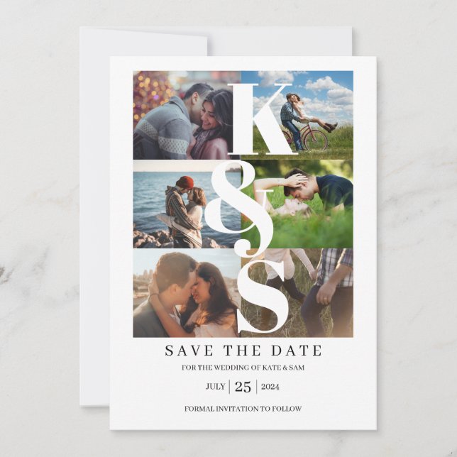 Elegante Modern Simple Foto Collage Name Initials Save The Date (Vorderseite)