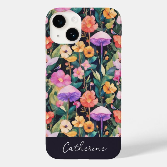 Elegante Modern Wildblume Pilzname auf schwarz Case-Mate iPhone Hülle (Rückseite)