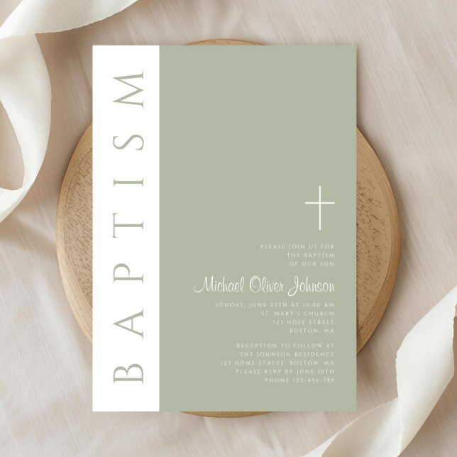 Elegante moderne altertümliche Grüne Taufe Einladung (Elegant Modern Sage Green Cross Baptism Invitation)