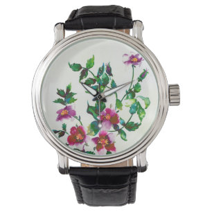 Elegante moderne Aquarellfarben, dunkelrosa Wildbl Armbanduhr