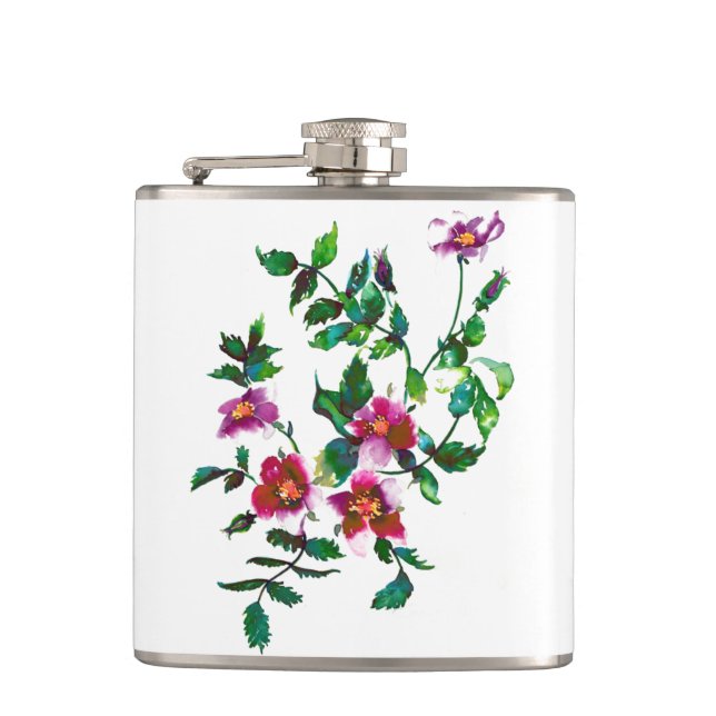 Elegante moderne Aquarellfarben, dunkelrosa Wildbl Flachmann (Vorderseite)