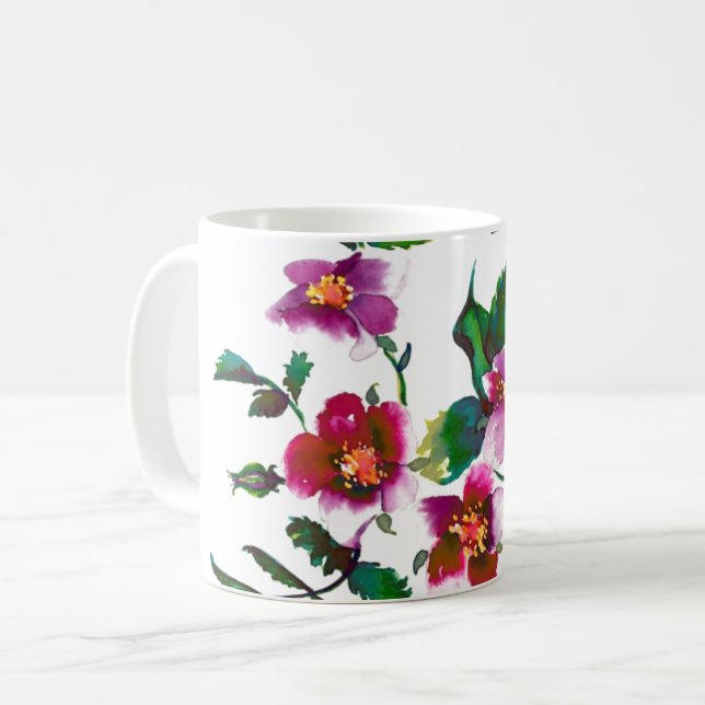 Elegante moderne Aquarellfarben, dunkelrosa Wildbl Kaffeetasse (Vorderseite Links)