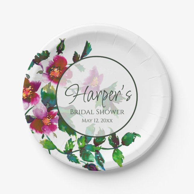 Elegante moderne Aquarellfarben, dunkelrosa Wildbl Pappteller (Vorderseite)