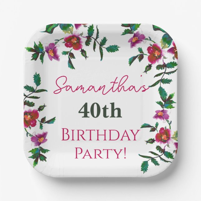 Elegante moderne Aquarellfarben, dunkelrosa Wildbl Pappteller (Vorderseite)