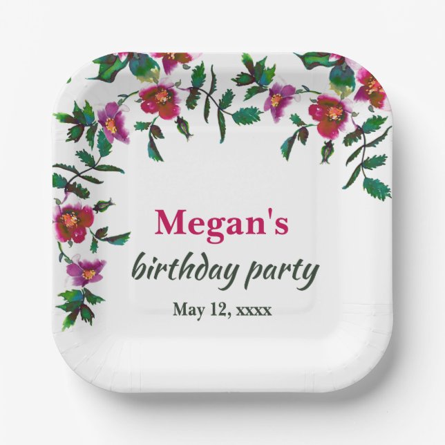 Elegante moderne Aquarellfarben, dunkelrosa Wildbl Pappteller (Vorderseite)