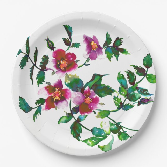 Elegante moderne Aquarellfarben, dunkelrosa Wildbl Pappteller (Vorderseite)