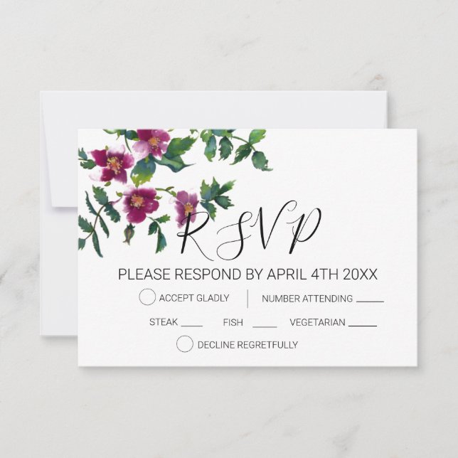 Elegante moderne Aquarellfarben, dunkelrosa Wildbl RSVP Karte (Vorderseite)