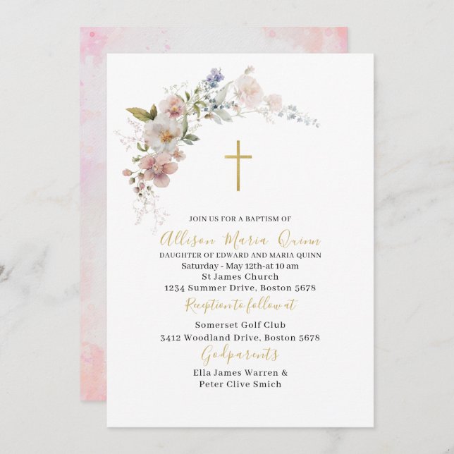 Elegante Moderne Aquarelltaufe Rosa Blütenblütenta Einladung (Vorne/Hinten)