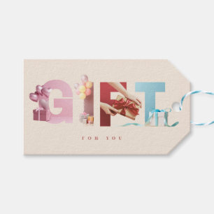 Elegante moderne beige GIFT Foto-Typografie-Overla Geschenkanhänger